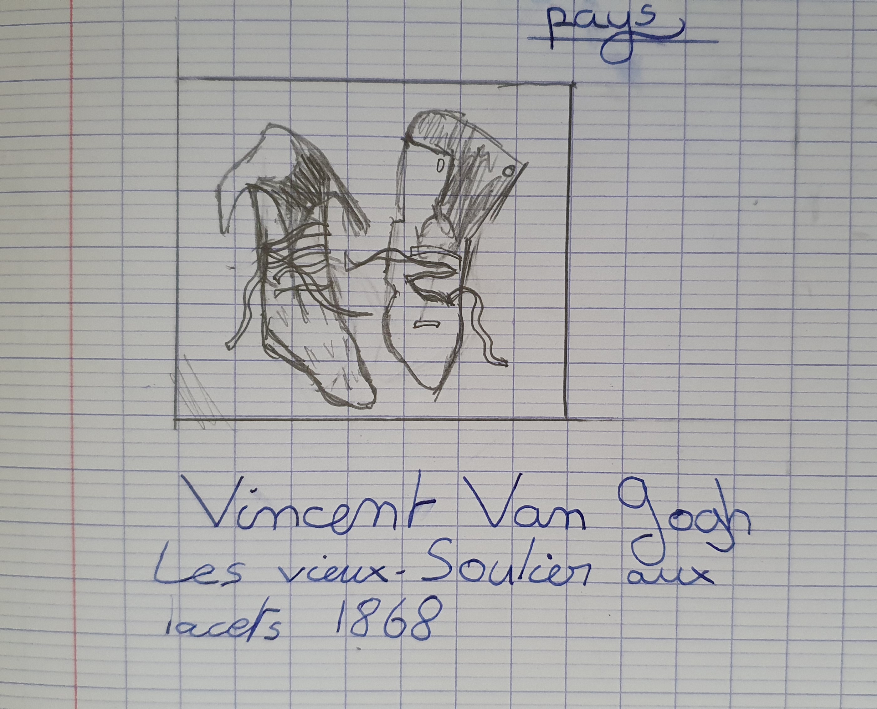 Les vieux souliers de Vincent Van Gogh, croquis d'élève